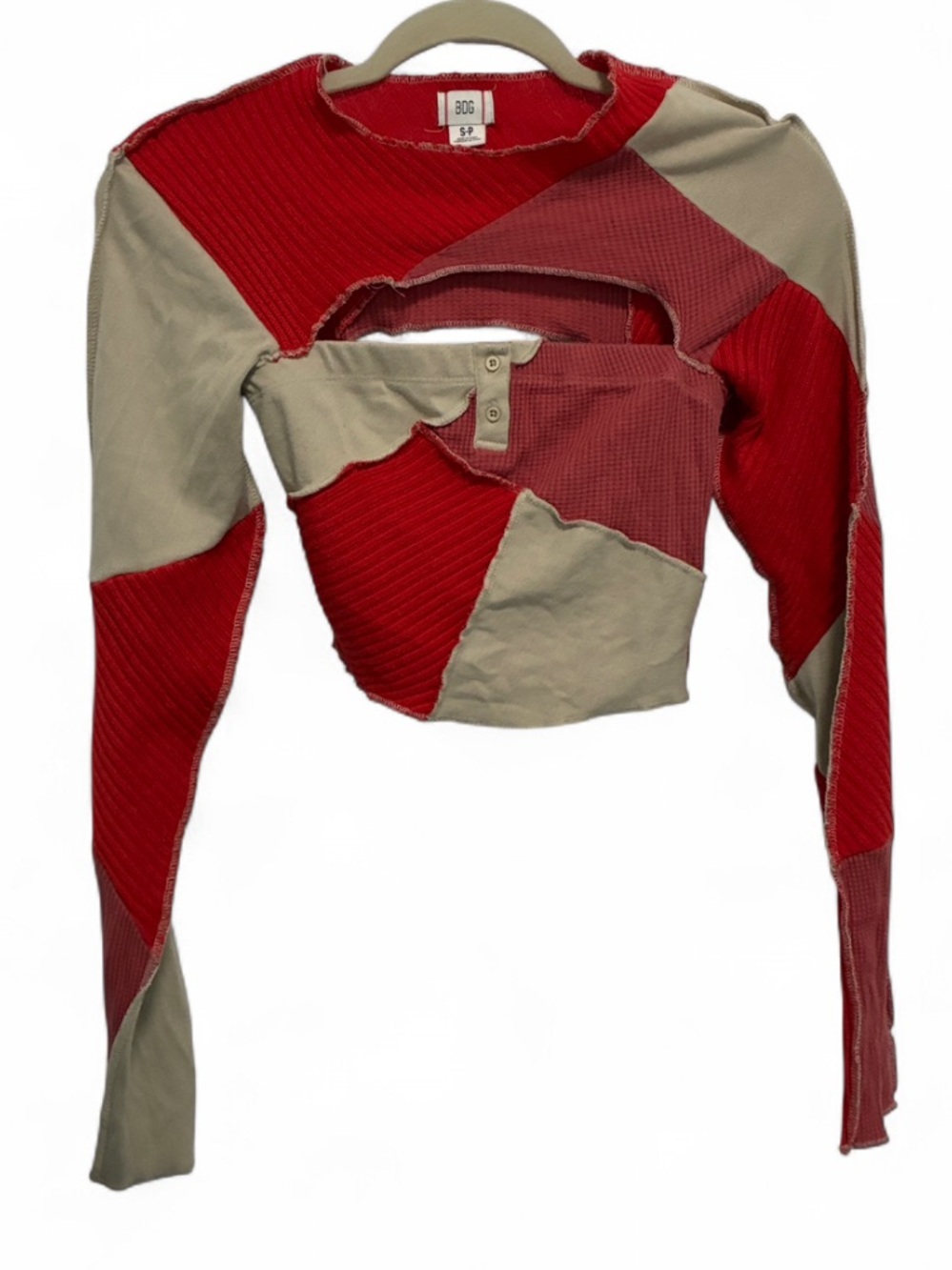 BDG Patchwork Red and Cream Cut Out Cropped Long-Sleeve Top